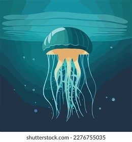 Jellyfish in open ocean. Underwater fish and sea creatures in natural habitat. Flat vector illustration concept