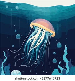 Jellyfish in open ocean. Underwater fish and sea creatures in natural habitat. Flat vector illustration concept