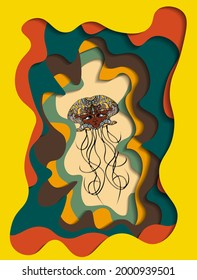Jellyfish with ornament on the multicolored background in the paper cut style