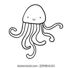 Jellyfish outline doodle illustration. Cute smiling childish jellyfish for coloring book