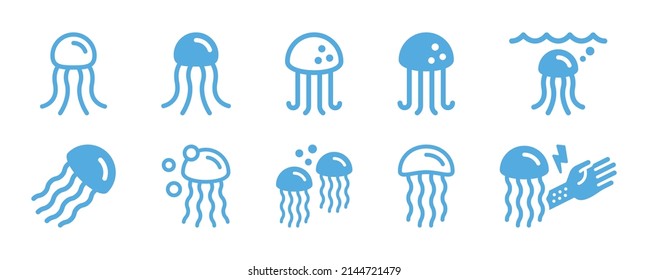 Jellyfish outline icon set. Marine life concept. Vector illustration.