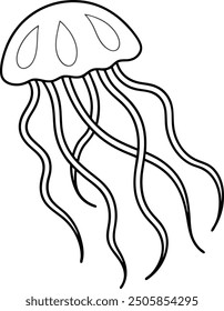 Jellyfish outline, line art or sketch illustration silgouette, with its bell-shaped body and trailing tentacles, drawn with delicate.