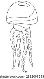 Jellyfish outline vector illustration on white background. Black and white contour drawing of stylized marine cnidarian character with tentacles. Line art silhouette graphic