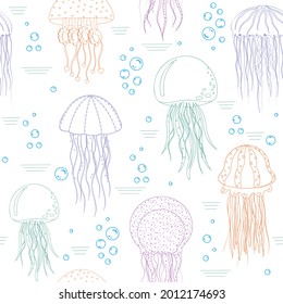 Jellyfish pattern multicolored outline white background, vector illustration on a striped background