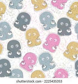 Jellyfish pattern. Seamless print of cute colorful cartoon sea animal, transparent underwater creatures of different shapes and colors. Vector texture. Aquatic bright characters with bubbles