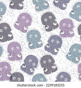 Jellyfish pattern. Seamless print of cute colorful cartoon sea animal, transparent underwater creatures of different shapes and colors. Vector texture. Aquatic bright characters with bubbles