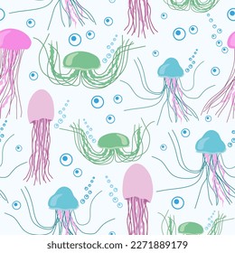 Jellyfish pattern. Seamless print of cute colorful cartoon sea animal, transparent creatures of different shapes.