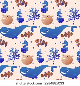 Jellyfish pattern. Seamless print of cute whale, clownfish, seahorse, hedgehog fish, and algae. Vector texture. Aquatic bright characters with bubbles.
