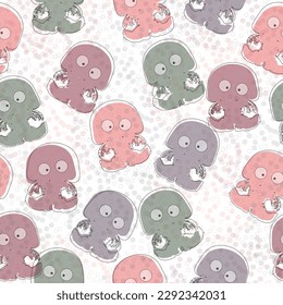 Jellyfish pattern. Seamless print of cute colorful cartoon sea animal, transparent underwater creatures of different shapes and colors. Vector texture. Aquatic bright characters with bubbles