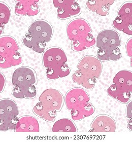 Jellyfish pattern. Seamless print of cute colorful cartoon sea animal, transparent underwater creatures of different shapes and colors. Vector texture. Aquatic bright characters with bubbles