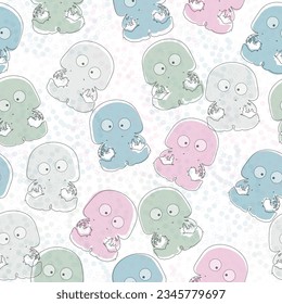 Jellyfish pattern. Seamless print of cute colorful cartoon sea animal, transparent underwater creatures of different shapes and colors. Vector texture. Aquatic bright characters with bubbles