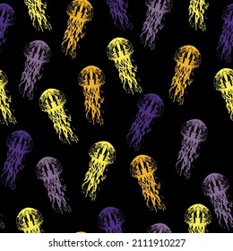 Jellyfish pattern seamless Space colorful repeat texture wallpaper illustration.  Night galaxy mix with watercolor jelly fishes in bright style vivid blue purple violet isolated on dark background