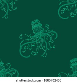 Jellyfish pattern seamless with tattoo with green background and colorful