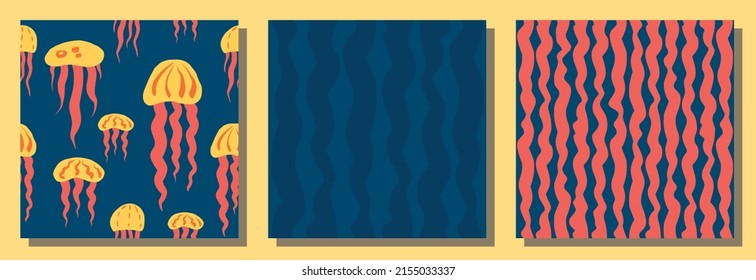 Jellyfish pattern. Set of seamless illustrations. Vector.