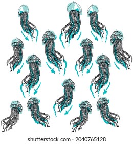 jellyfish pattern with two colors and white background marine design
