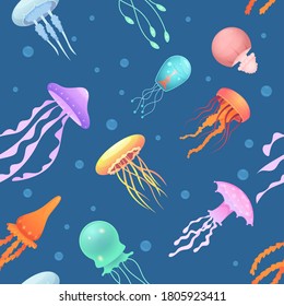 Jellyfish pattern. Underwater medusa colored beautiful ocean animals vector seamless background