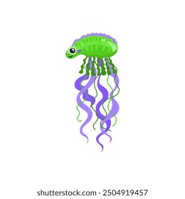 Jellyfish. Physalia. Cute smiling face with eyes. It has a gelatinous bladder and long, poisonous tentacles. Inhabitants of the depths of the ocean. Vector illustration isolated on white background.