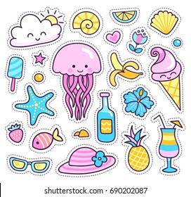 Jellyfish, pineapple, cocktail, sea shell, tropical flowers, sun, happy cloud, fish, ice cream, banana, sunglasses. Collection of summer stickers, patches, badges, pins. Vector isolated illustration.