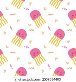 Jellyfish pink cartoon so cute. On heart white background. Pattern seamless vector illustration. 
