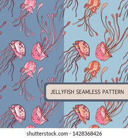 jellyfish pink hand draw seamless pattern