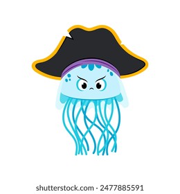 Jellyfish pirate in flat style on a white background. Sea creatures. Funny sea jellyfish.