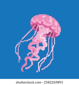 jellyfish pixel art, vector illustration on isolated background.