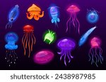 Jellyfish and plankton. Luminous deep sea inhabitants. Underwater invertebrate animals. Transparent marine medusa. Ocean fauna. Poisonous tentacles. Shiny undersea
