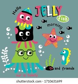 jellyfish playing with friends funny animal cartoon,vector illustration