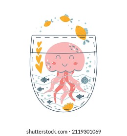 Jellyfish in pocket. Cute cartoon pink jellyfish, fish, corals, seaweeds. Underwater life picture books concept illustration. Jellufish under the sea. Ocean life vector print. Funny sea life element.