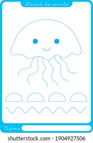 Jellyfish. Preschool worksheet for practicing fine motor skills - tracing dashed lines. Tracing Worksheet.  Illustration and vector outline - A4 paper ready to print.