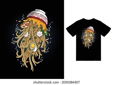 Jellyfish ramen illustration with tshirt design premium vector the Concept of Isolated Technology. Flat Cartoon Style Suitable for Landing Web Pages, Banners, Flyers, Stickers, Cards