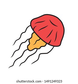 Jellyfish red color icon. Swimming medusa. Ocean underwater wildlife. Aquatic floating animal. Marine aquarium. Toxic invertebrate jelly fish with tentacles. Isolated vector illustration