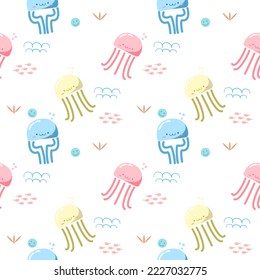 Jellyfish red yellow blue cartoon so cute.on face smile fish white background.Pattern seamless vector illustration.
