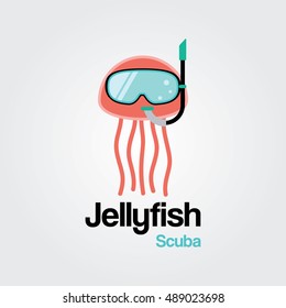 Jellyfish Scuba Logo Template. Jellyfish wearing scuba diving mask in flat design.