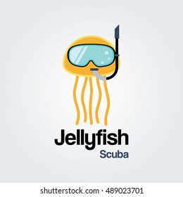 Jellyfish Scuba Logo Template. Jellyfish wearing scuba diving mask in flat design.