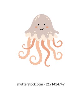 Jellyfish as sea animal floating underwater. Cute cartoon Jellyfish. Vector illustration. Cute ocean animal. isolated on white background.