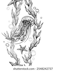 Jellyfish, sea blue algae with leaves wriggling in wave with bubbles and coral starfish. Graphic illustration hand drawn in black ink underwater world. Seamless vertical border pattern for long