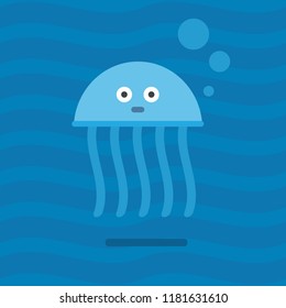 Jellyfish at sea. Cartoon illustration, flat style. 