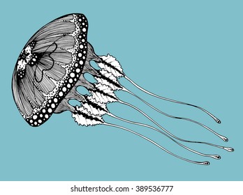 Jellyfish. Sea creatures. A resident of the ocean. Black and white drawing by hand. Line art. Graphic arts. Tattoo.