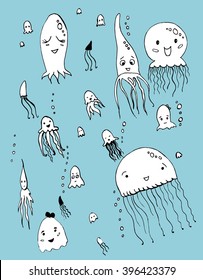 Jellyfish. Sea creatures. A resident of the ocean. Black and white drawing by hand. Line art. Graphic arts. Tattoo. Set. Funny jellyfish. Collection. Children's art.