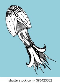 Jellyfish. Sea creatures. A resident of the ocean. Black and white drawing by hand. Line art. Graphic arts. Tattoo.