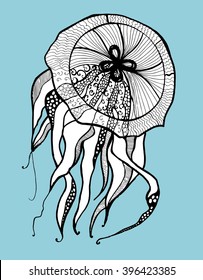 Jellyfish. Sea creatures. A resident of the ocean. Black and white drawing by hand. Line art. Graphic arts. Tattoo.