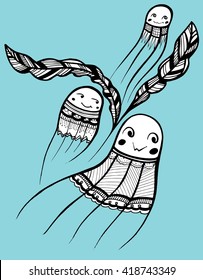 Jellyfish. Sea creatures. A resident of the ocean. Black and white drawing by hand. Line art. Graphic arts. Tattoo. Set. Funny jellyfish. Collection. Children's art.