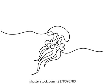 Jellyfish in sea for decoration design. Continuous one line drawing. Vector illustration