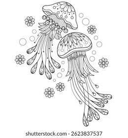 Jellyfish in the sea hand drawn for adult coloring book