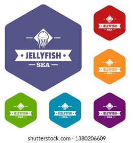 Jellyfish sea icons vector colorful hexahedron set collection isolated on white 