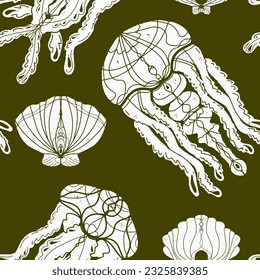 Jellyfish. Sea life vector seamless pattern. Minimalism, scandinavian style, linocut, texture, hippie. For design, fabric, print, clothing, wallpaper, paper.