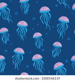 Jellyfish in the sea, Seamless pattern for decorating all fashion designs, fabrics, wallpapers and prints on a dark blue  background.
