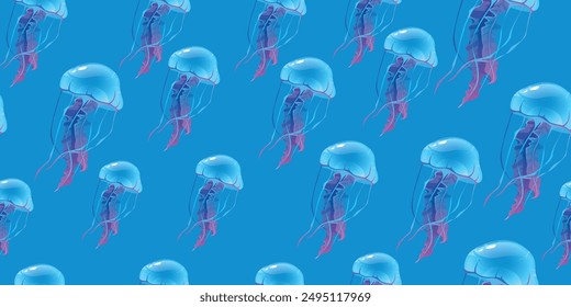 Jellyfish in the sea, seamless pattern of repeating jellyfish.