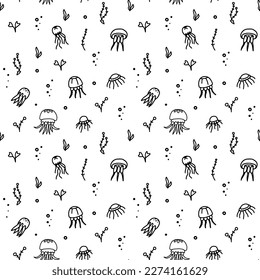 Jellyfish in the sea. Simple vector image on a transparent background. Suitable for covers, wrappers, coloring books, fabrics.